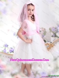 2016 Beautiful White little Girl Pageant Dresses with Baby Pink Waistband and Hand Made Flower
