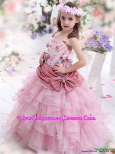 2016 Rose Pink little Girl Pageant Dresses with Hand Made Flowers and Ruffled Layers