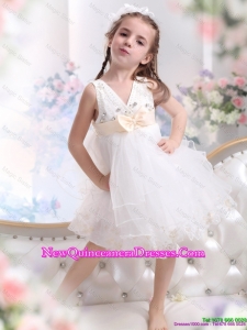 Beading Ruffled 2015 White little Girl Pageant Dresses with Bowknot