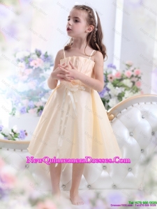 Champagne Spaghetti Straps little Girl Pageant Dresses with Waistband and Hand Made Flower