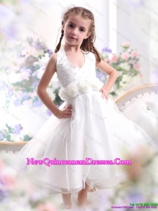 Cute Halter Top White Mini Length little Girl Pageant Dresses with Hand Made Flower