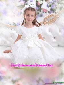 Elegant Lace 2015 White Little Girl Pageant Dresses with Short Sleeves and Bowknot