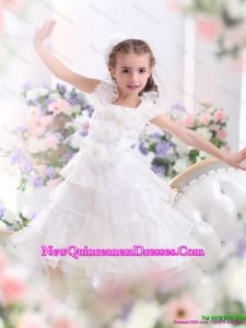 Gorgeous Ruffled Layers White 2015 Girl Pageant Dress with Hand Made Flower