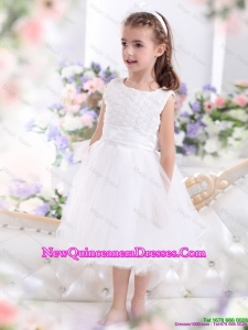 Scoop Tea Length White 2015 Little Girl Pageant Dresses with Sash