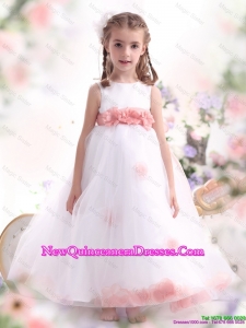 White Little Girl Pageant Dresses with Pink Waistband and Hand Made Flower