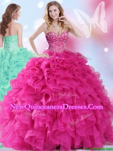 2017 Wonderful Hot Pink Big Puffy Quinceanera Dress with Beading and Ruffles