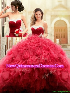 Puffy Skirt Sweetheart Beaded Top and Ruffled Quinceanera Gown in Red