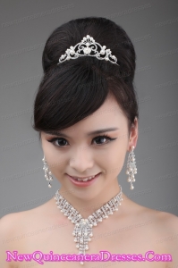 Elegant Rhinestone And Pearl Jewelry Set Including Necklace Earrings And Crown