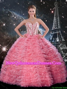2016 Latest Ball Gown Beaded Rose Pink Quinceanera Dresses with Ruffles