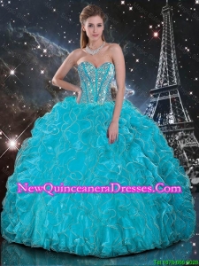 Beautiful Aqua Blue Sweetheart Quinceanera Gowns with Beading and Ruffles