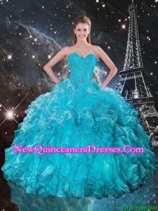 Beautiful Sweetheart Teal Quinceanera Gowns with Ruffles and Beading