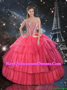 Comfortable Hand Made Flowers Coral Red Quinceanera Dresses with Beading