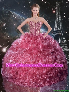 Pretty Ball Gown Coral Red Sweet 16 Dresses with Ruffles and Beading