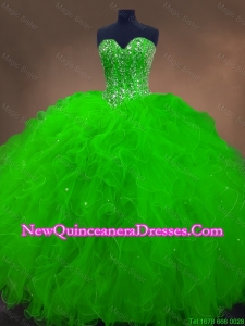 Custom Made Beaded Spring Green Sweet 16 Gowns with Ruffles