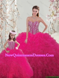 Classical Ball Gown Beaded and Ruffles Macthing Sister Dresses in Hot Pink