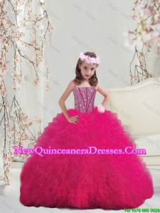 2015 Winter Popular Spaghetti Hot Pink Mini Quinceanera Dresses with Beading and Ruffles