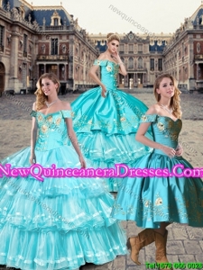 2015 Winter New Style Off the Shoulder Embroidery Quinceanera Dresses in Teal and Aqua Blue