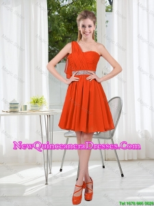 Rust Red One Shoulder Dama Dresses with Beading and Belt