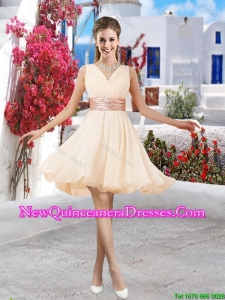 Affordable Champagne V Neck Damas Dresses with Belt and Ruching