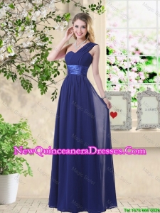 Cheap One Shoulder Floor Length Damas Dresses in Navy Blue