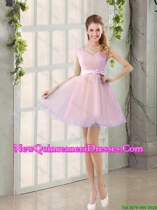 Perfect V Neck Strapless Short Damas Dresses with Bowknot