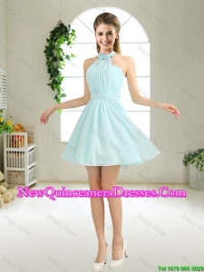 Cheap Halter Top Belt Light Blue Dama Dresses for 2016