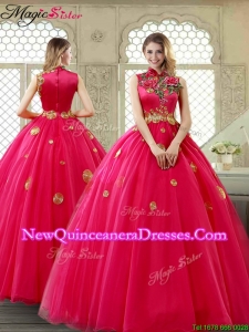 Exclusive High Neck Quinceanera Gowns in Coral Red