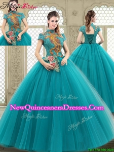 Luxurious High Neck Appliques Sweet 16 Dresses with Short Sleeves