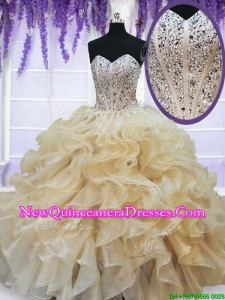 2017 Pretty Visible Boning Beaded Ruffled Quinceanera Dress in Champagne