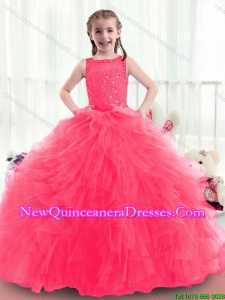Modern Bateau Beading Cute Little Girl Pageant Dresses in Coral Red for 2016