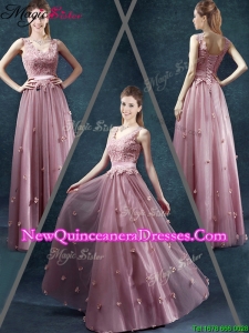 Classical V Neck Dama Dresses with Appliques and Belt