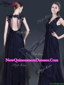 Fashionable V Neck Paillette Dama Dresses in Navy Blue