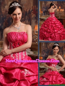 2016 Perfect Strapless Appliques Quinceanera Gowns in Coral Red