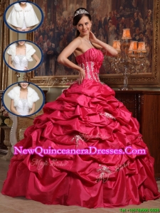 Cheap Coral Red Strapless Quinceanera Gowns with Appliques