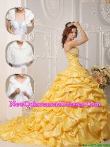 Top Seller Classical Court Train Quinceanera Gowns with Pick Ups and Appliques