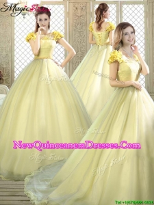 Cheap Bateau Brush Train Quinceanera Dresses