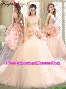 Cheap Scoop Court Train Quinceanera Dresses with Hand Made Flowers