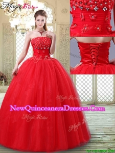 Cheap Strapless Quinceanera Dresses with Hand Made Flowers for 2016