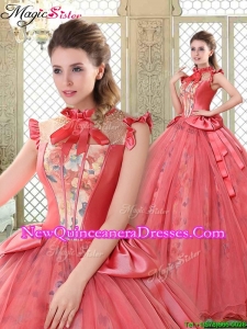 Classical High Neck Cap Sleeves Quinceanera Gowns with Bowknot