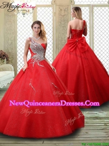Classical One Shoulder Quinceanera Dresses with Beading in Red for 2016