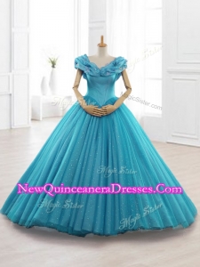 Custom Made Cap Sleeves Teal Quinceanera Gowns with Appliques