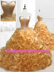 Custom Made Sweetheart Rolling Flowers Brush Train Quinceanera Dresses with Beading