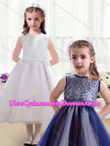 2016 Cute Ruching Tea Length Scoop Flower Girl Dresses