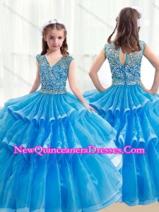 2016 Cute V Neck Baby Blue Little Girl Pageant Dresses with Ruffled Layers