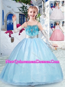 Beautiful Spaghetti Straps Light Blue Little Girl Pageant Dress with Beading