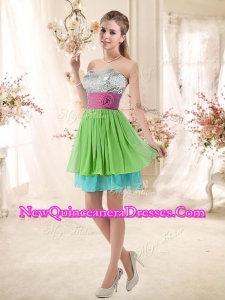 Cheap Sweetheart Short New Style Dama Dresses with Sequins and Belt