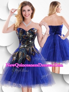 Luxurious Short Peacock Blue Damas Dresses with Beading and Appliques