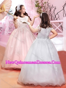 2016 Cheap Scoop Applique with Beading Little Girl Pageant Dresses with Short Sleeves