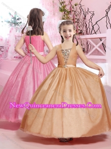 2016 Beautiful Straps Beaded and Belted Champagne Little Girl Pageant Dresses with Ankle Length