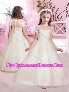2016 Cheap A Line Scoop Applique and Beaded Little Girl Pageant Dresses with Short Sleeves